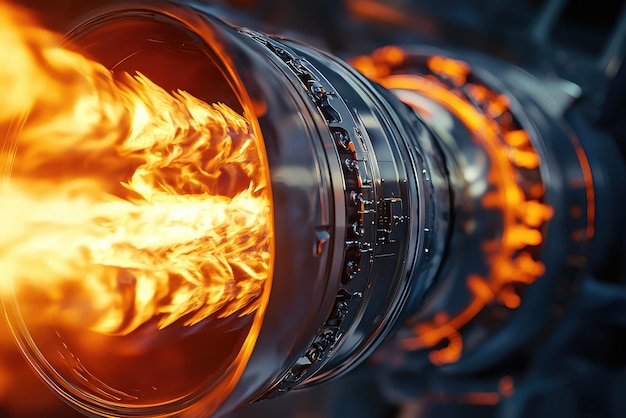 Photo a mesmerizing view of a jet engine in operation showcasing the intense flames and intricate design of aerospace technology