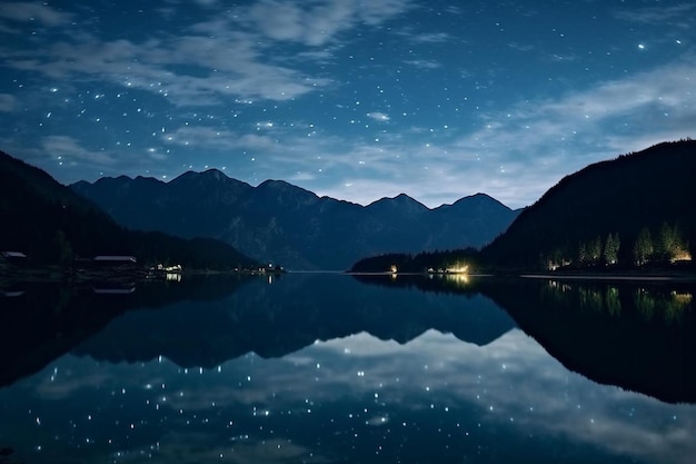 Photo mesmerizing view of the reflection of the mountain on the lake under the starry night sky