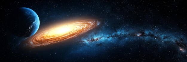 Photo a mesmerizing view of a spiral galaxy illuminating a distant planet in the vast expanse of deep