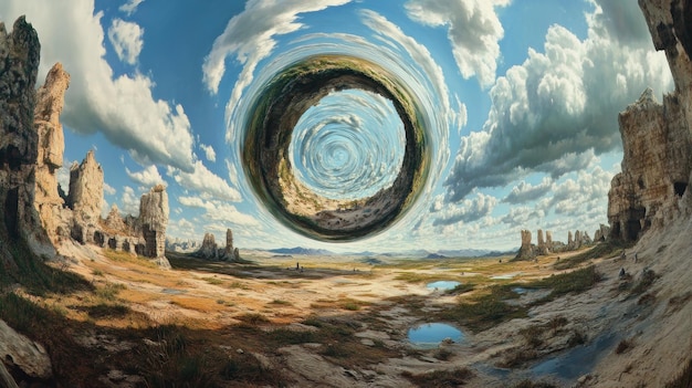 A mesmerizing vortex swirls in a vast desert landscape blending reality with fantasy under a vibrant blue sky