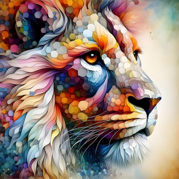 A mesmerizing watercolor painting of a lion in 3D rendering