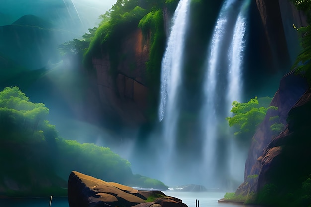 Mesmerizing waterfall cascading down a rocky cliff with lush greenery around