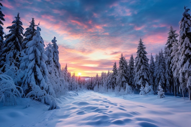 A mesmerizing winter forest adorned with snowladen pines