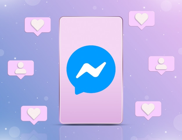 Messenger logo on phone screen with notification icons of new likes and followers around 3d