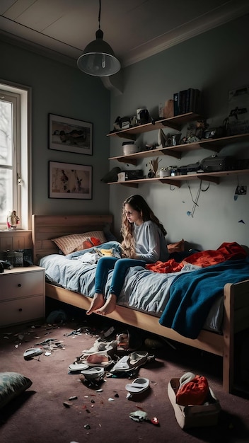 Photo messy bedroom of a teenager a depiction of youthful chaos and disorganization