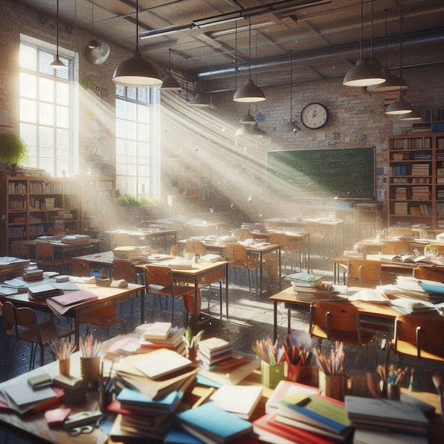 Messy classroom with sunbeams