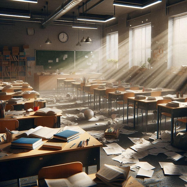 Messy classroom with sunbeams