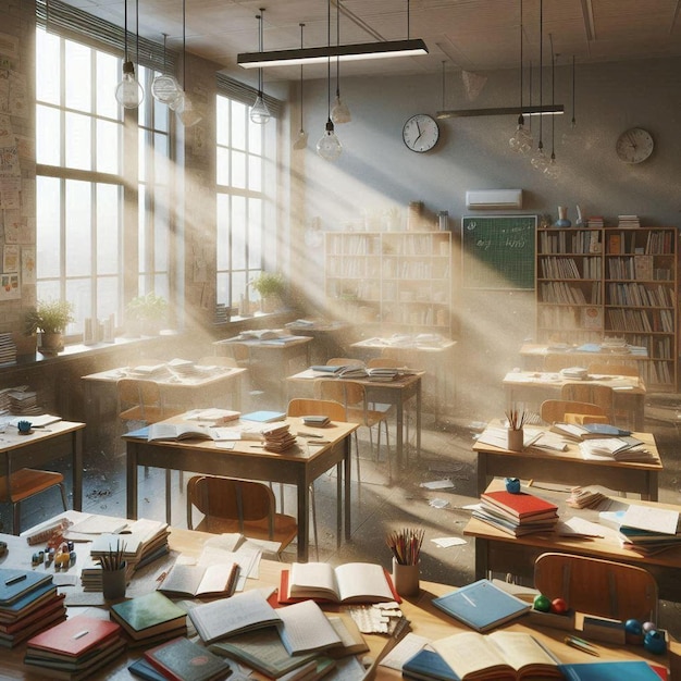 Messy classroom with sunbeams