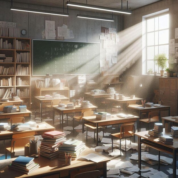 Messy classroom with sunbeams