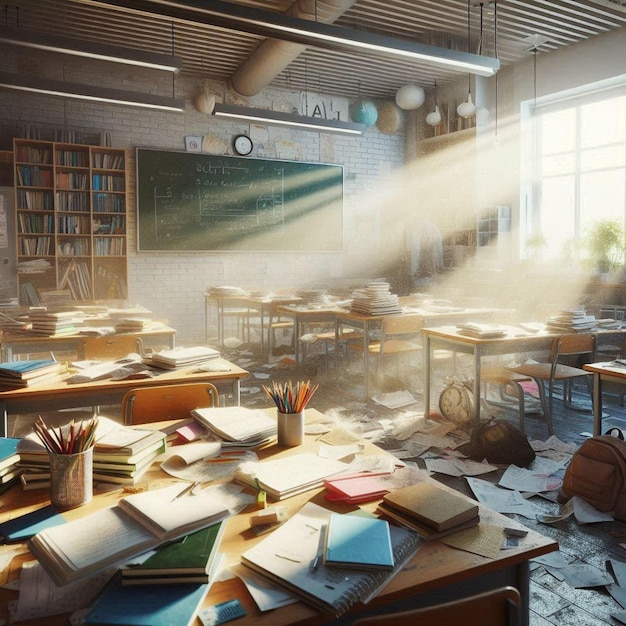 Messy classroom with sunbeams