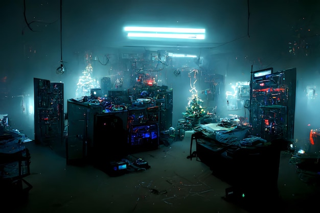 Messy cyberpunk hacker hideoutwith cyan christmas lights neural network generated artdecorations