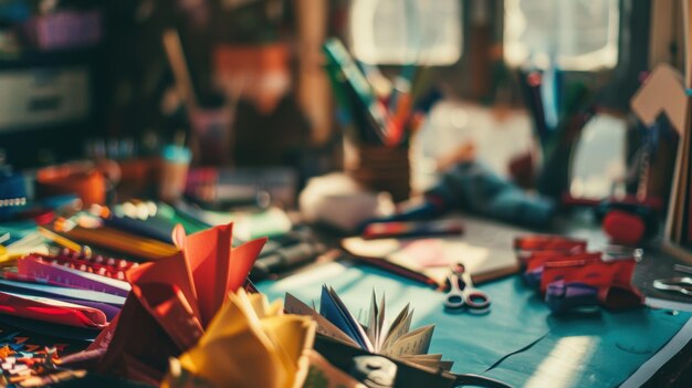 Photo messy desk full of colorful paper pencils and scissors bathed in warm sunlight