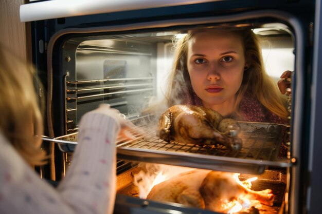 Photo messy dinner young woman overlooked roast chicken in an oven