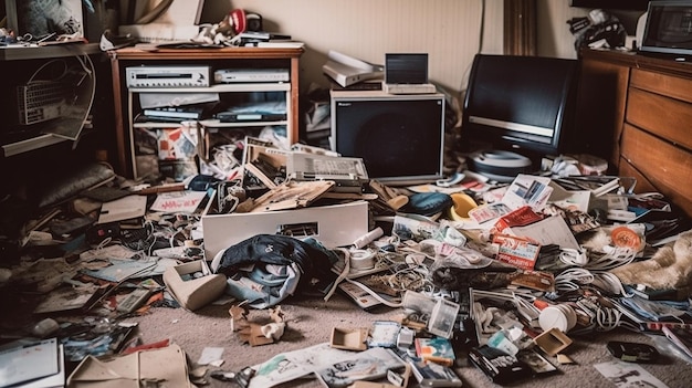 A messy living room with a tv and a dvd player on the floor.