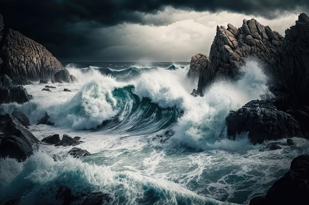 Messy ocean coast with storm in the background waves crashing against rocks and into each other