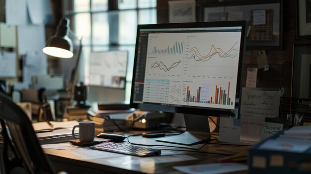 Photo a messy office desk with dual monitors displaying data charts indicating a busy and analytical work environment