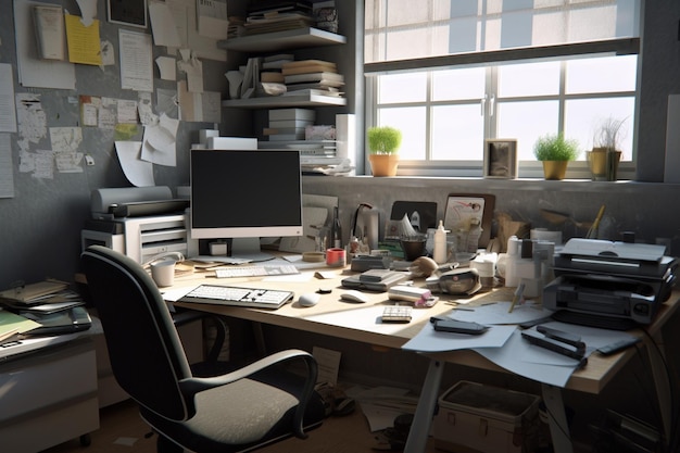 A messy office with a desk and a chair that says'home office '