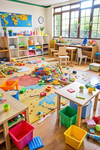 Photo messy room in kindergarten with drawings on furniture clutter and trash vector cartoon interior of kids playroom with dirty walls desk and chair scattered garbage toys and ball