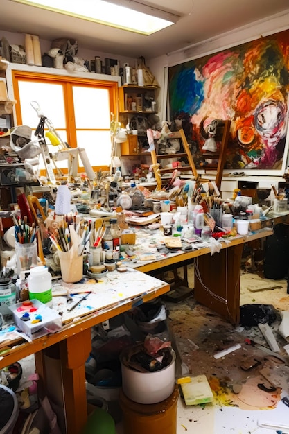 Messy room with lot of art supplies on the table and big window Generative AI