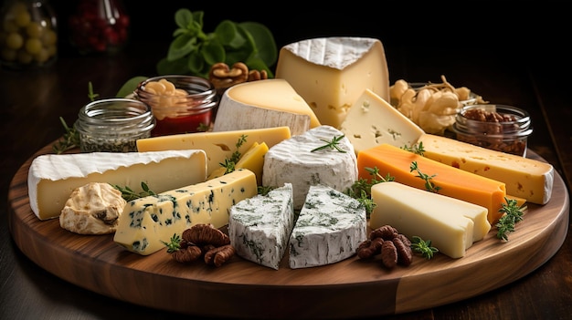 Messy Slices of Cheese Cut into Different Shapes on Wooden Plates Food on Black Background