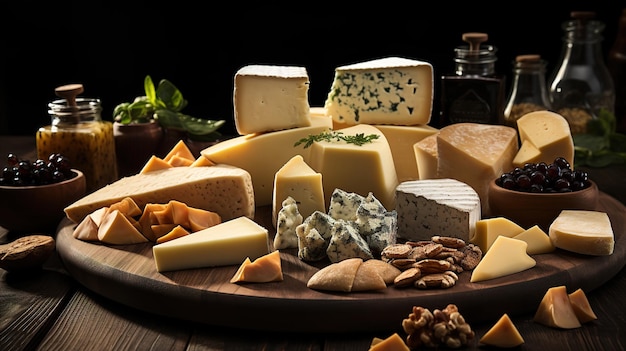 Photo messy slices of cheese cut into different shapes on wooden plates food on black background