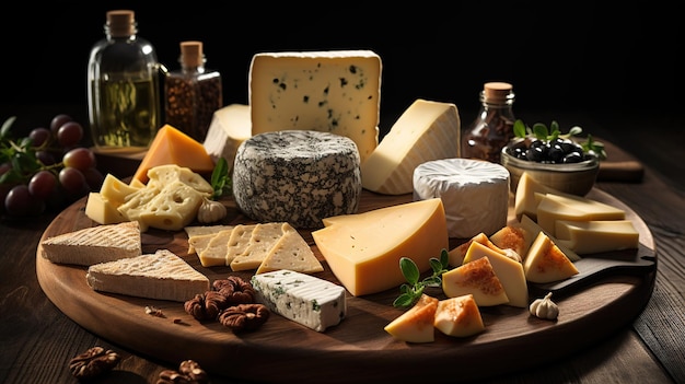 Messy Slices of Cheese Cut into Different Shapes on Wooden Plates Food on Black Background