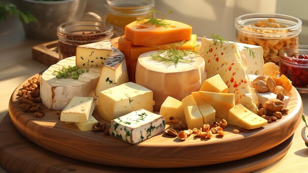 Messy Slices of Cheese Cut into Different Shapes on Wooden Plates Food on Black Background