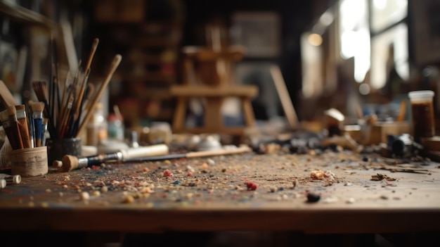 A messy work table with a paint brush and a paint brush on it.