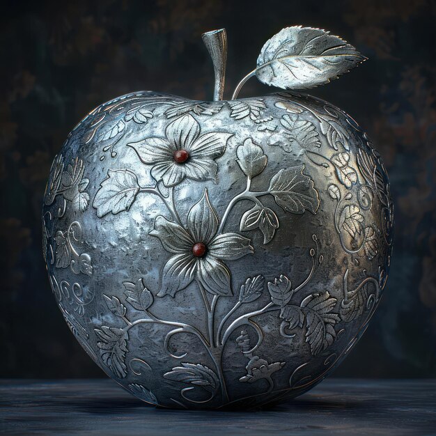 Photo metal apple with floral ornament on a dark background