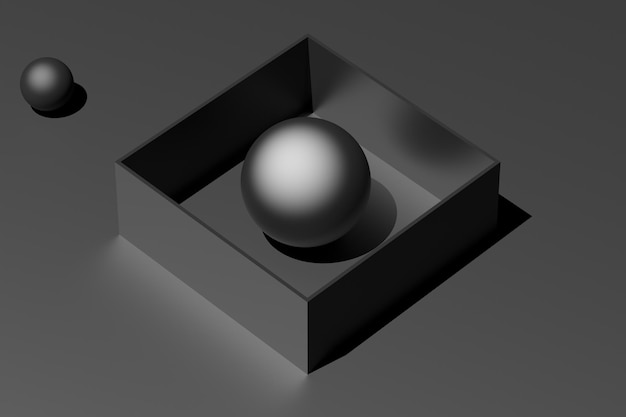 Metal balls and walls Box and ball abstraction Black design background 3D render illustration