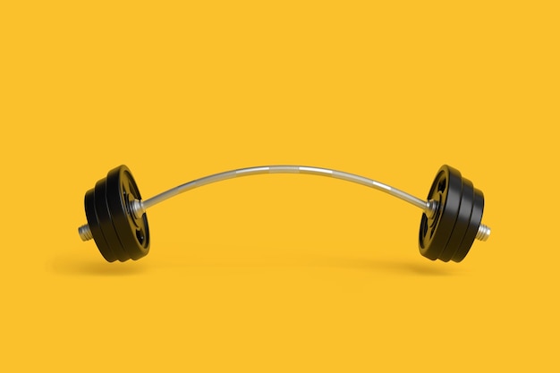 Metal barbell bent to both sides because of very heavy weights added on it on a yellow background Physical training Gym routine Body and health 3d rendering 3d illustration