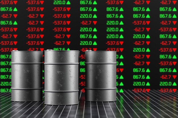 Metal barrels on the background of stock quotes Price per barrel of oil 3d render