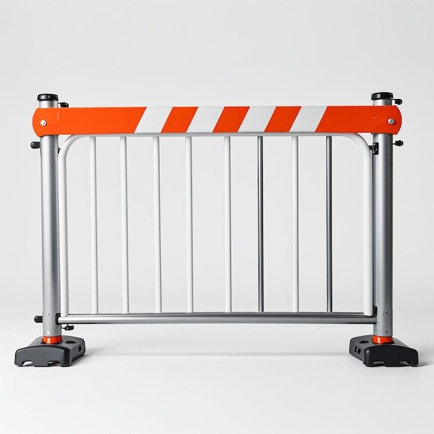 Photo a metal barrier with orange and white stripes and a caution sign on it