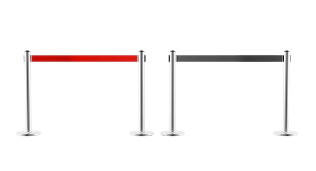 Metal barriers with red and black retractable belt fences front view Portable ribbon stanchion stainless steel for crowd control in airport or museum isolated on white background Realistic 3d render