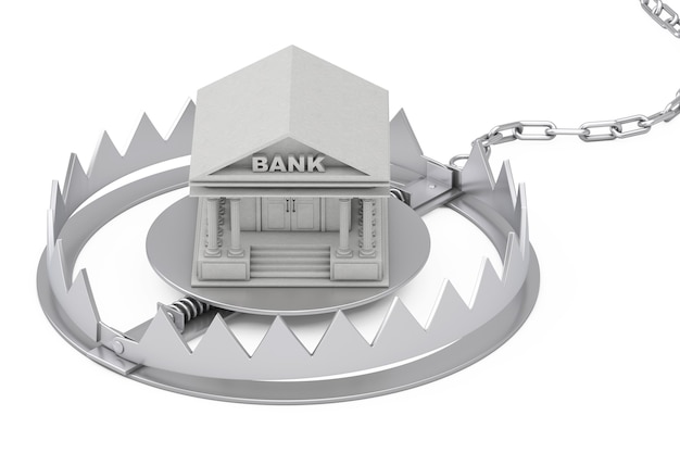 Metal Bear Trap with Bank Building on a white background. 3d Rendering