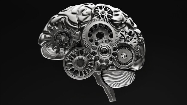 Photo metal brain with gears and cogs on black background image represents mechanical thinking and mind as machine