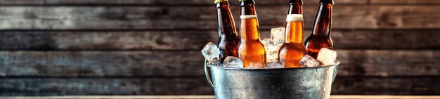 Photo metal bucket with beer bottles and ice cubes on wooden background