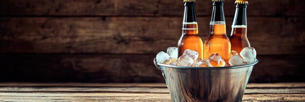 Photo metal bucket with beer bottles and ice cubes on wooden background