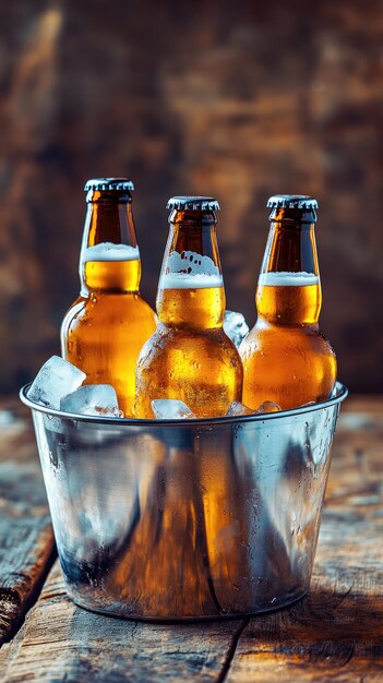 Photo metal bucket with beer bottles and ice cubes on wooden background