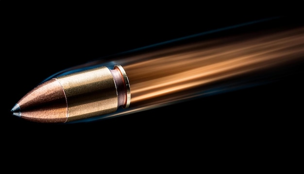 Photo metal bullet flying against dark backdrop