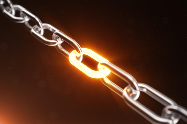 The metal chain is connected with the red-hot link, power concept. 3d illustration