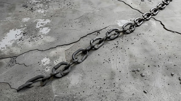 A metal chain lays on a cracked concrete surface