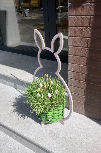 Metal design of a hare or rabbit with flowers Easter concept Spring Festival