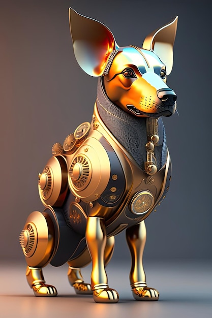 a metal dog statue with a gold and silver body and a black belt.