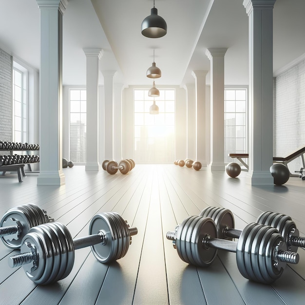 metal dumbbells on white wooden floor in white gym room