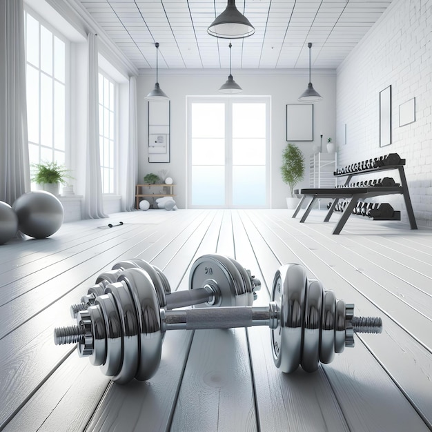 metal dumbbells on white wooden floor in white gym room