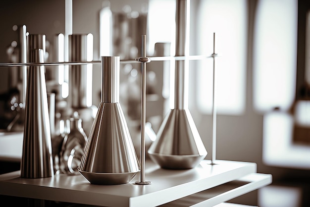 A metal flask with a metal beaker on it is labeled as the word chemistry.