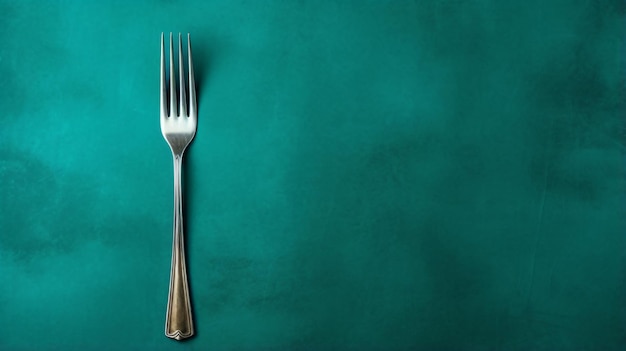 Metal fork for meat and steaks on a dark green turq