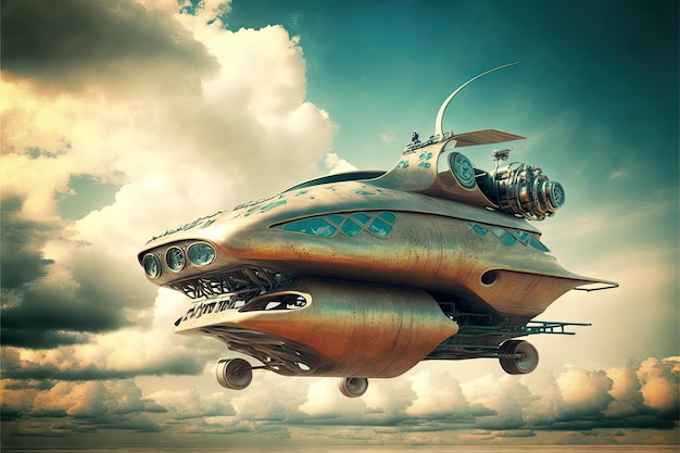 Metal futuristic urban transport vehicle flying among clouds created with generative ai