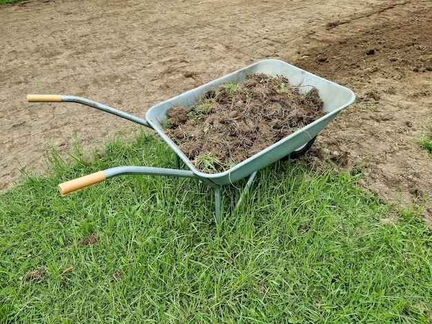 Metal Garden Trolley in garden Garden works in the part of the flower gardenconcept of agriculture and gardeningWork on planting seedlings on the flowerbed and cart in a park in spring